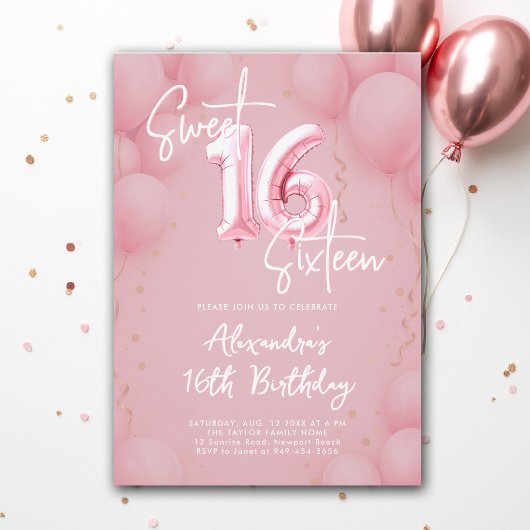 Balloons Pink Elegant Calligraphy Modern Sweet 16 Kaart