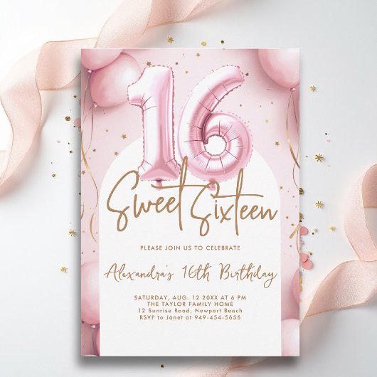 Balloons Pink Gold Arch Calligraphy Sweet 16 Kaart