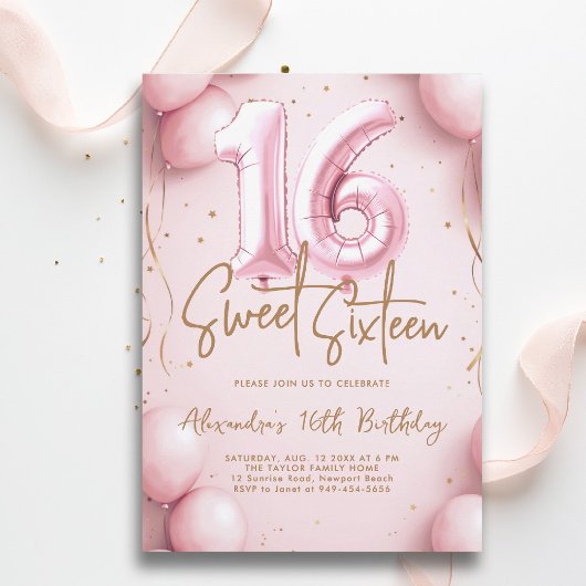 Balloons Pink Gold Calligraphy Elegant Sweet 16 Kaart