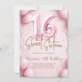 Balloons Pink Gold Calligraphy Elegant Sweet 16 Kaart (Voorkant)