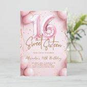 Balloons Pink Gold Calligraphy Elegant Sweet 16 Kaart (Staand voorkant)