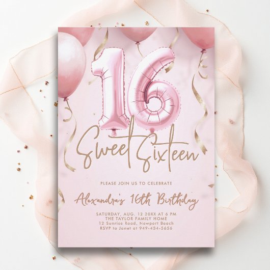 Balloons Pink Gold Modern Calligraphy Sweet 16 Kaart