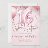 Balloons Pink Gold Modern Calligraphy Sweet 16 Kaart (Voorkant)