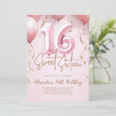 Balloons Pink Gold Modern Calligraphy Sweet 16 Kaart (Staand voorkant)