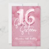 Balloons Pink Modern Calligraphy Stylish Sweet 16 Kaart (Voorkant)