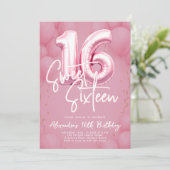 Balloons Pink Modern Calligraphy Stylish Sweet 16 Kaart (Staand voorkant)