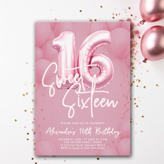 Balloons Pink Modern Calligraphy Stylish Sweet 16 Kaart
