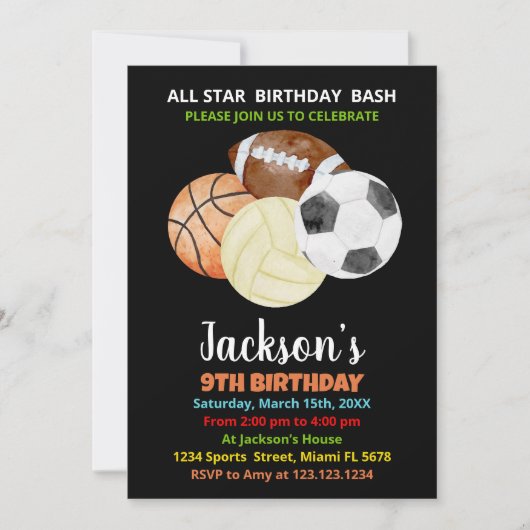 Balls Black Oranje Sports Birthday Invitations Kaart (Voorkant)