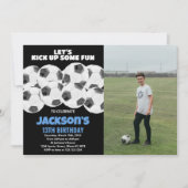 Balls Black Soccer Birthday Invitations met foto Kaart (Voorkant)