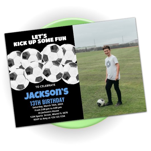 Balls Black Soccer Birthday Invitations met foto Kaart