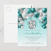 Balonarch Blauwgroen Silver 8th Birthday Party Briefkaart (Voorkant / Achterkant)