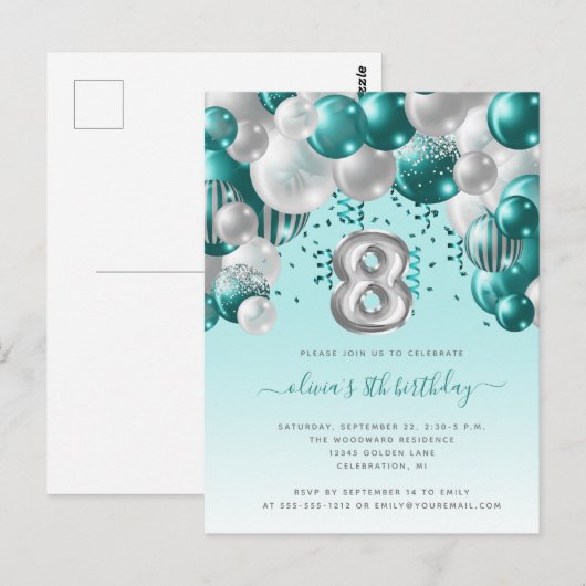 Balonarch Blauwgroen Silver 8th Birthday Party Briefkaart (Voorkant / Achterkant)