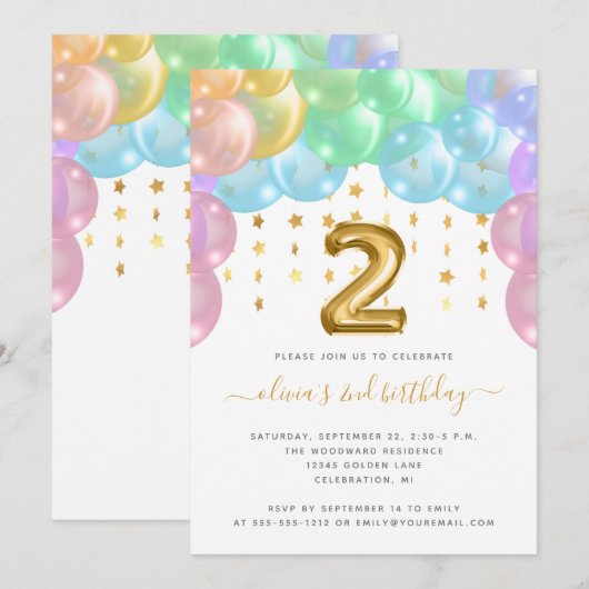 Balonse Arch Rainbow Gold Girls 2e verjaardag Kaart (Voorkant / Achterkant)