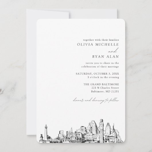 Baltimore Bruiloft Elegante Skyline Uitnodiging (Voorkant)