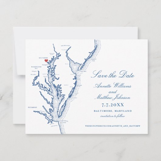 Baltimore Maryland Bruiloft Elegante Marine Kaart (Voorkant)