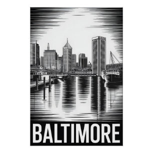 Baltimore Maryland Silhouette Zwart Wit Houtsnede Perfect Poster