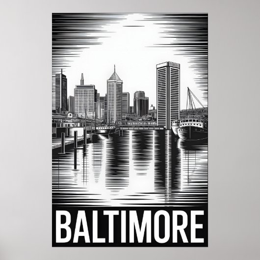 Baltimore Maryland Silhouette Zwart Wit Houtsnede Poster (Voorkant)