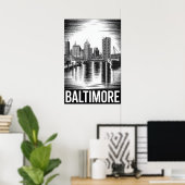 Baltimore Maryland Silhouette Zwart Wit Houtsnede Poster (Thuiskantoor)