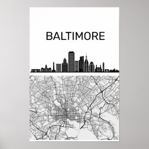 Baltimore Maryland Stadssilhouet Met Kaart Poster