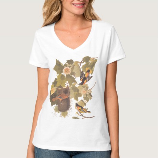 Baltimore Oriole Audubon Bird Family met Nest T-shirt (Voorkant)