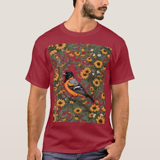 Baltimore Oriole Bird And Black Eyed Susan Flowers T-shirt (Voorkant)