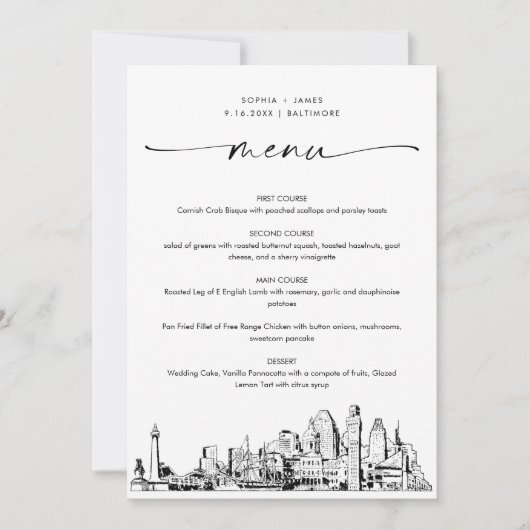 Baltimore Skyline Bruiloft Diner Menu Kaart 5x7 (Voorkant)