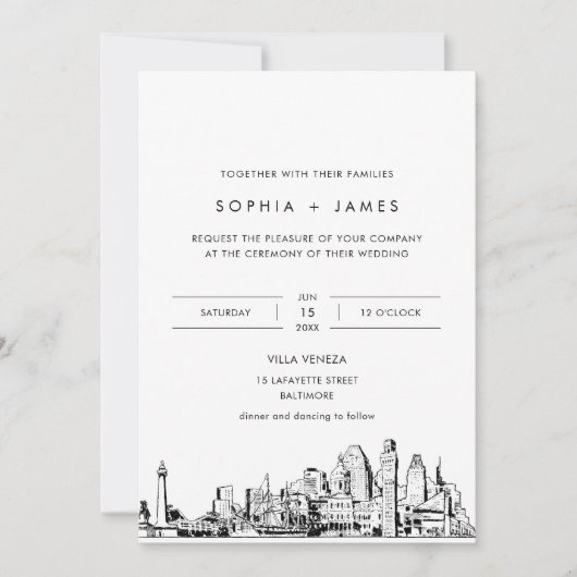 Baltimore Skyline bruiloft uitnodiging met foto (Voorkant)