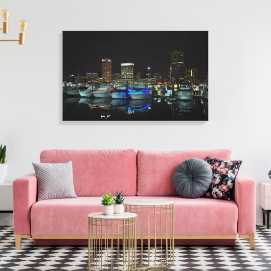 Baltimore skyline en boten 's nachts canvas afdruk (Insitu (Woonkamer))