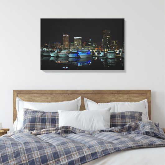 Baltimore skyline en boten 's nachts canvas afdruk (Insitu (Slaapkamer))