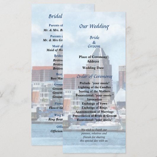 Baltimore Skyline en Harbour Wedding Programme Programmakaart (Voorkant / Achterkant)