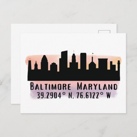 Baltimore Skyline Latitude en Lengtegraad Briefkaart (Voorkant / Achterkant)