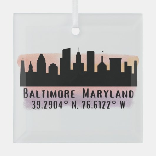 Baltimore Skyline Latitude en Lengtegraad Glas Ornament (Voorkant)