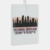 Baltimore Skyline Latitude en Lengtegraad Glas Ornament (Voorkant Rechts)