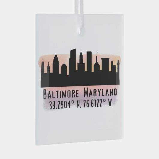 Baltimore Skyline Latitude en Lengtegraad Glas Ornament (Voorkant Rechts)