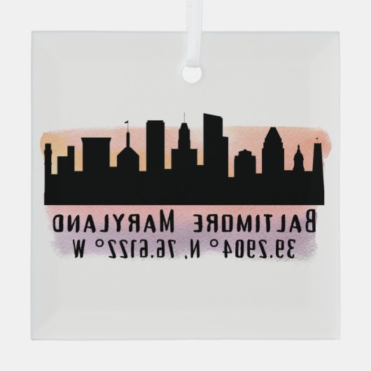Baltimore Skyline Latitude en Lengtegraad Glas Ornament (Achterkant)