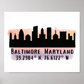 Baltimore Skyline Latitude en Lengtegraad Poster (Voorkant)