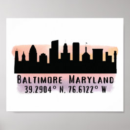 Baltimore Skyline Latitude en Lengtegraad Poster