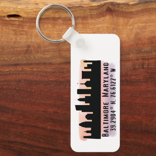 Baltimore Skyline Latitude en Lengtegraad Sleutelhanger (Voorkant)