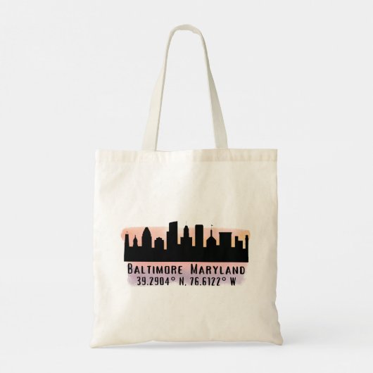 Baltimore Skyline Latitude en Lengtegraad Tote Bag (Achterkant)