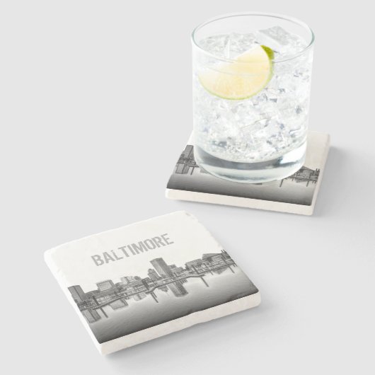 Baltimore Skyline - zwart en wit Stenen Onderzetter (Zijkant)