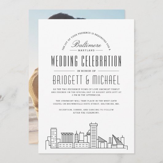 Baltimore Wedding | Moderne Deco Skyline Kaart (Voorkant / Achterkant)