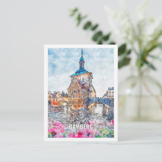 Bamberg Duitsland Beroemde Reisplaats Waterverf Briefkaart (Staand voorkant)