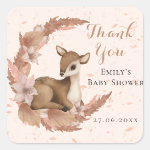 Bambi & Flowers Pastel Roze Baby shower Dank u wel Vierkante Sticker