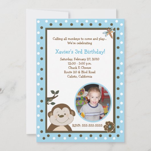 Bambino Monkey 5x7 Blue FOTO Birthday Kaart (Voorkant)