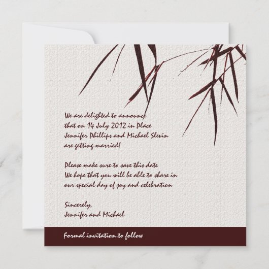 Bamboe Bladeren/Oosterse Dubbele Geluksbruiloft Save The Date (Achterkant)