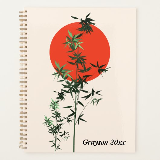 Bamboe en rode zon op geelbruine achtergrond planner (Voorkant)