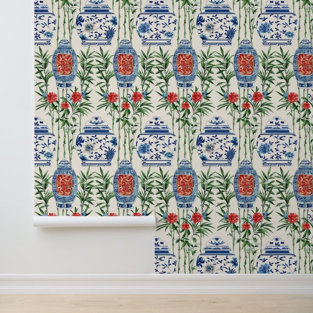 Bamboe Ginger Jar Chinese Patroon Peel en Stick Behang (Applicatie)