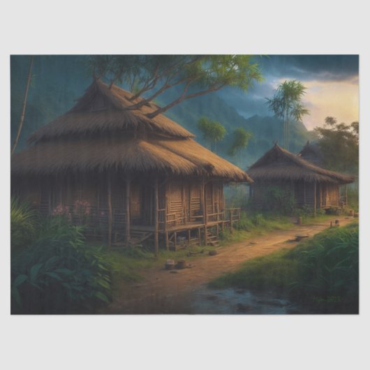 bamboe hut in het dorp decoupage tissuepapier (Voorkant)