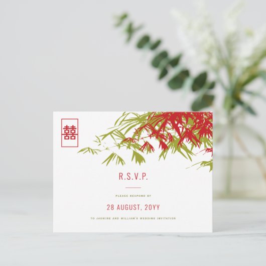 Bamboe laat dubbel geluk met Aziatische bruiloft R Uitnodiging Briefkaart (Staand voorkant)