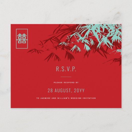 Bamboe laat dubbel geluk met Aziatische bruiloft R Uitnodiging Briefkaart (Voorkant)